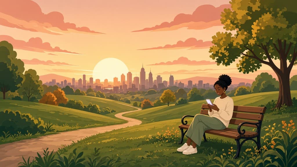 Illustration of a woman on a park bench looking at her phone at sunset, with a city skyline in the distance