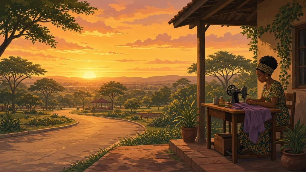 Illustration of a woman sewing purple fabric on a porch at sunset, overlooking a green valley